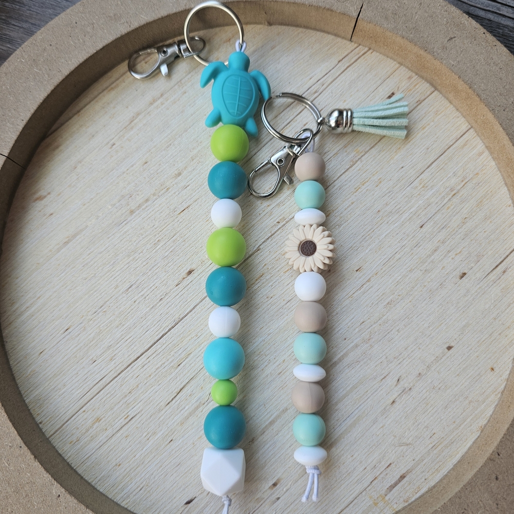 Beaded Keychain Set with Turtle and Sunflower Charms
